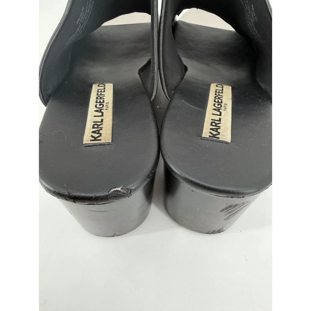Karl Lagerfeld Paris Lyric Black Leather Wedge Sandal Metallic Toe Plate 8M